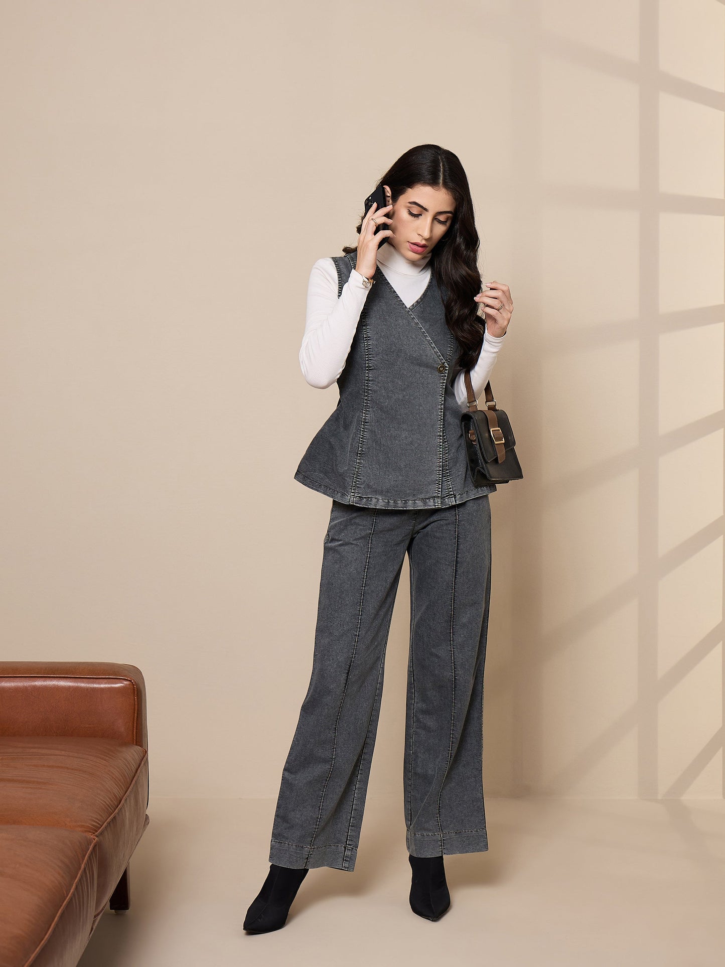 Women Black Washed Tencel Vest Top With Pants