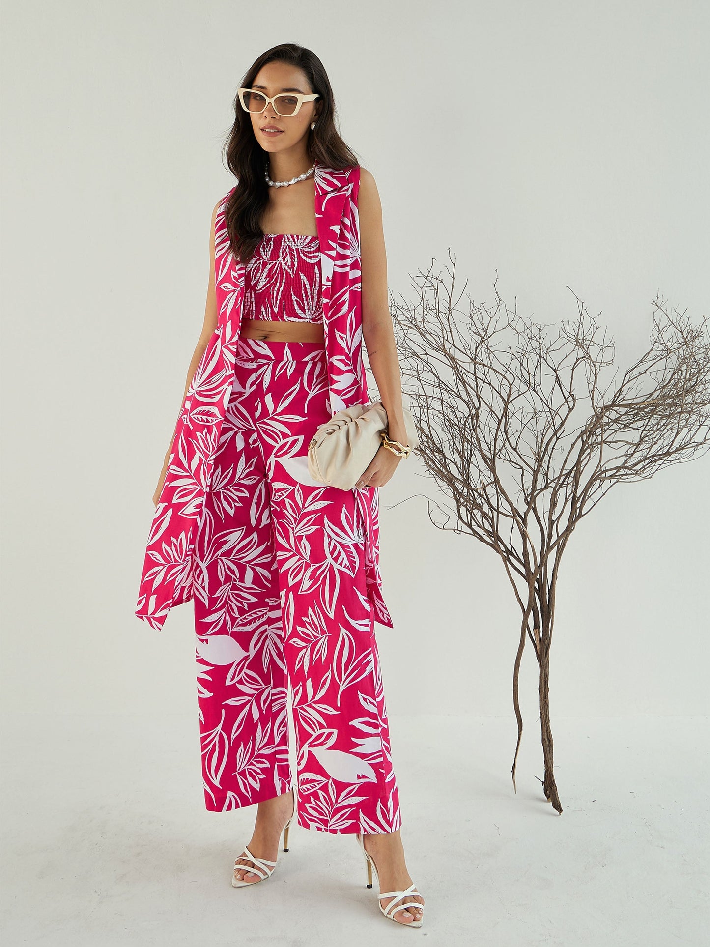 Fuchsia & White Floral Bustier, Pant & Shrug