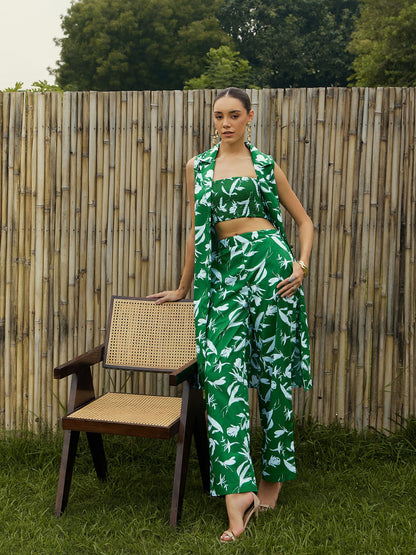 Green & White Floral Bustier, Pant & Shrug