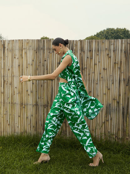 Green & White Floral Bustier, Pant & Shrug