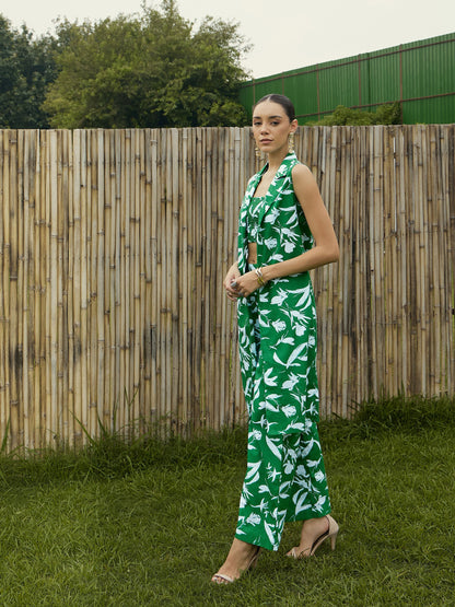 Green & White Floral Bustier, Pant & Shrug