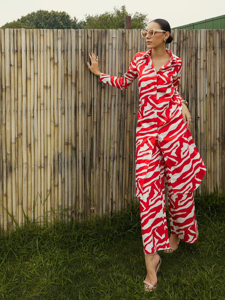 Women Red &amp; White Printed Long Straight Shirt With Pants