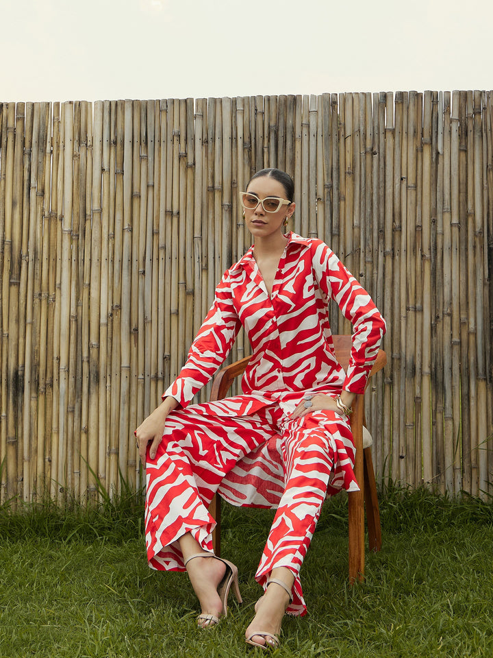 Women Red &amp; White Printed Long Straight Shirt With Pants