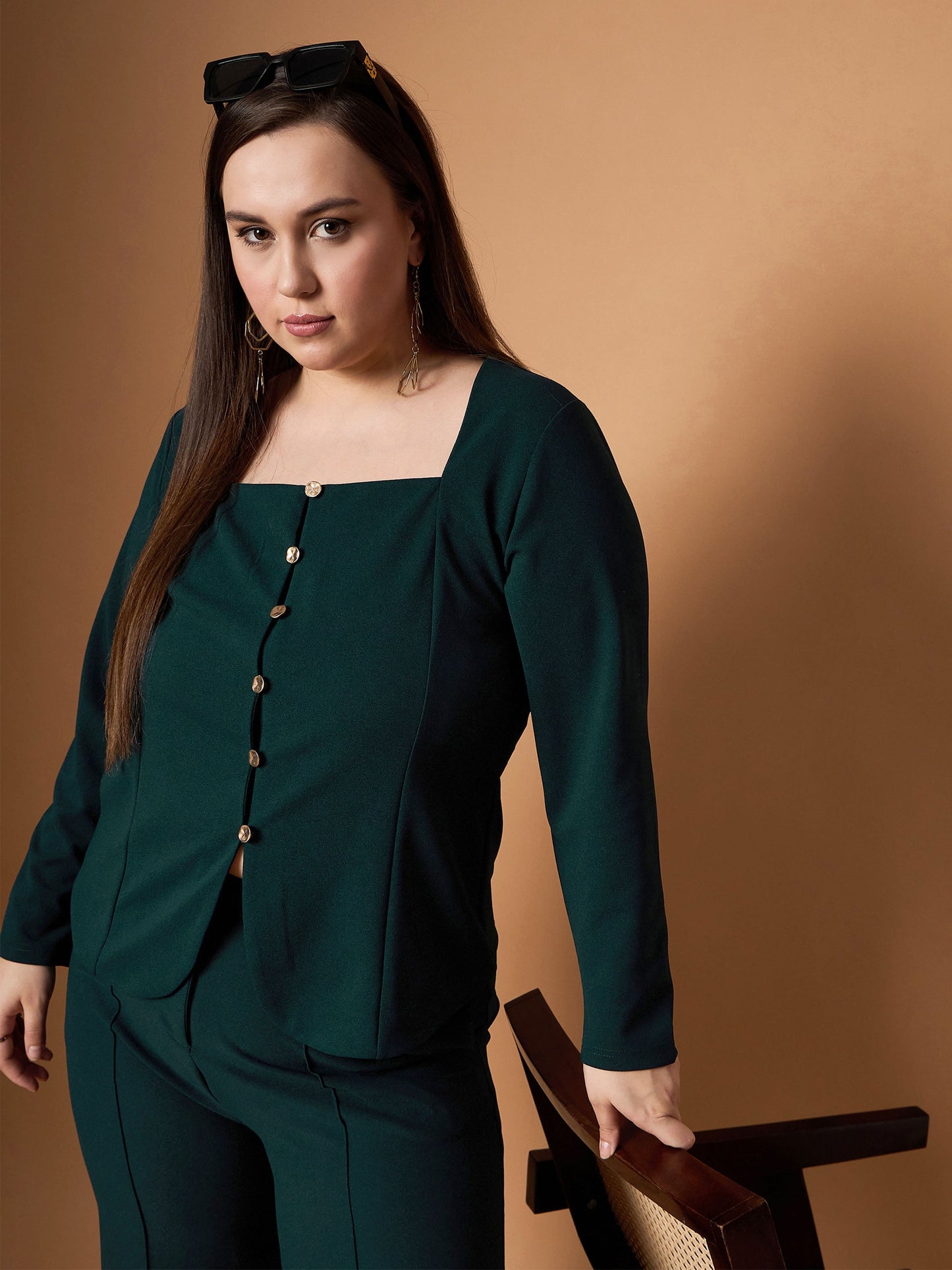 Emerald Green Front Button Top With Straight Pants