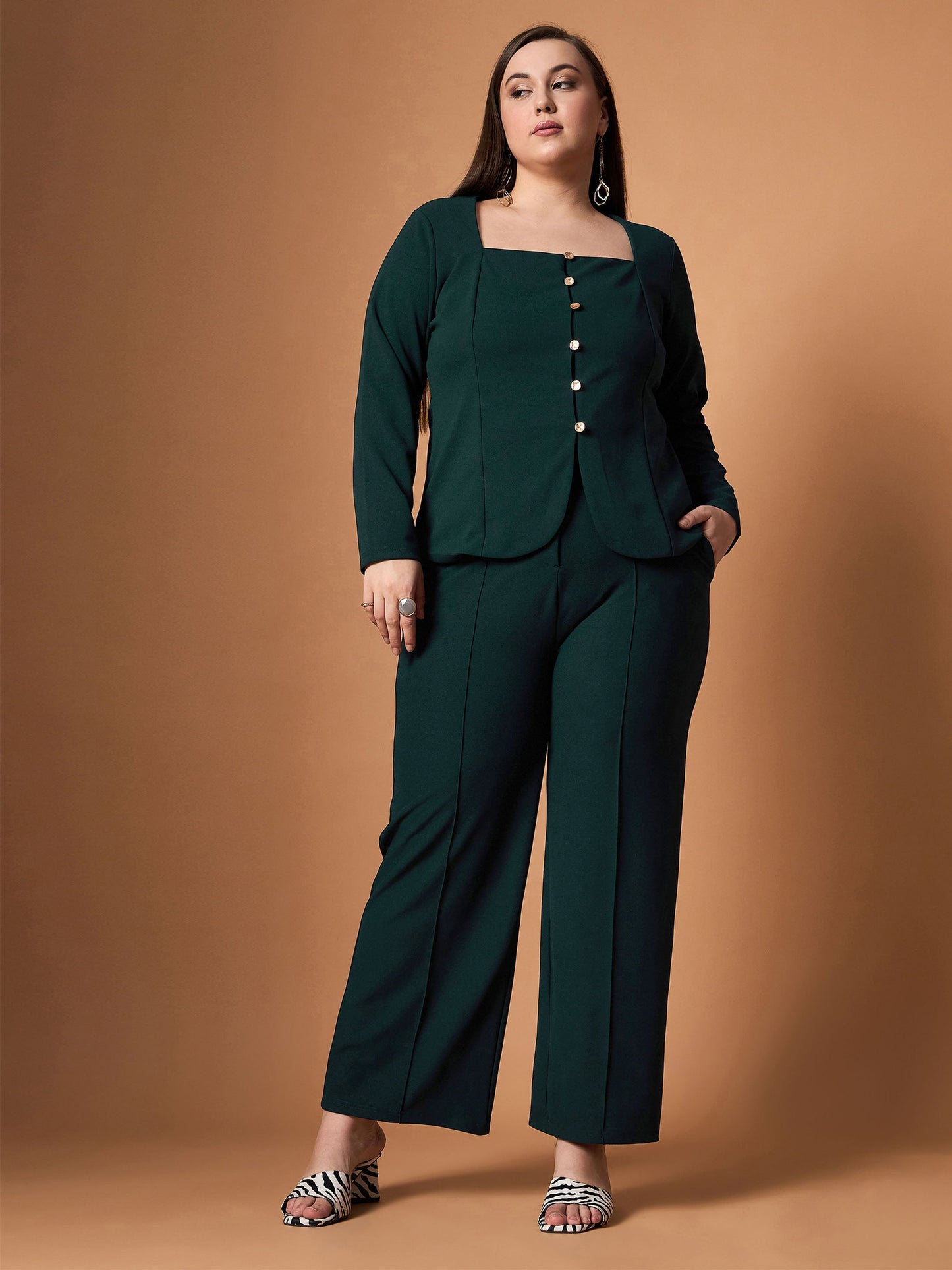 Emerald Green Front Button Top With Straight Pants