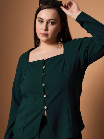 Emerald Green Front Button Top With Straight Pants