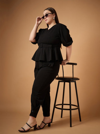 Plus size women's Black Polyester Black Solid Peplum Top With Straight Pants by Sassafras Curve for wholesale buyers, boutiques, resellers and bulk