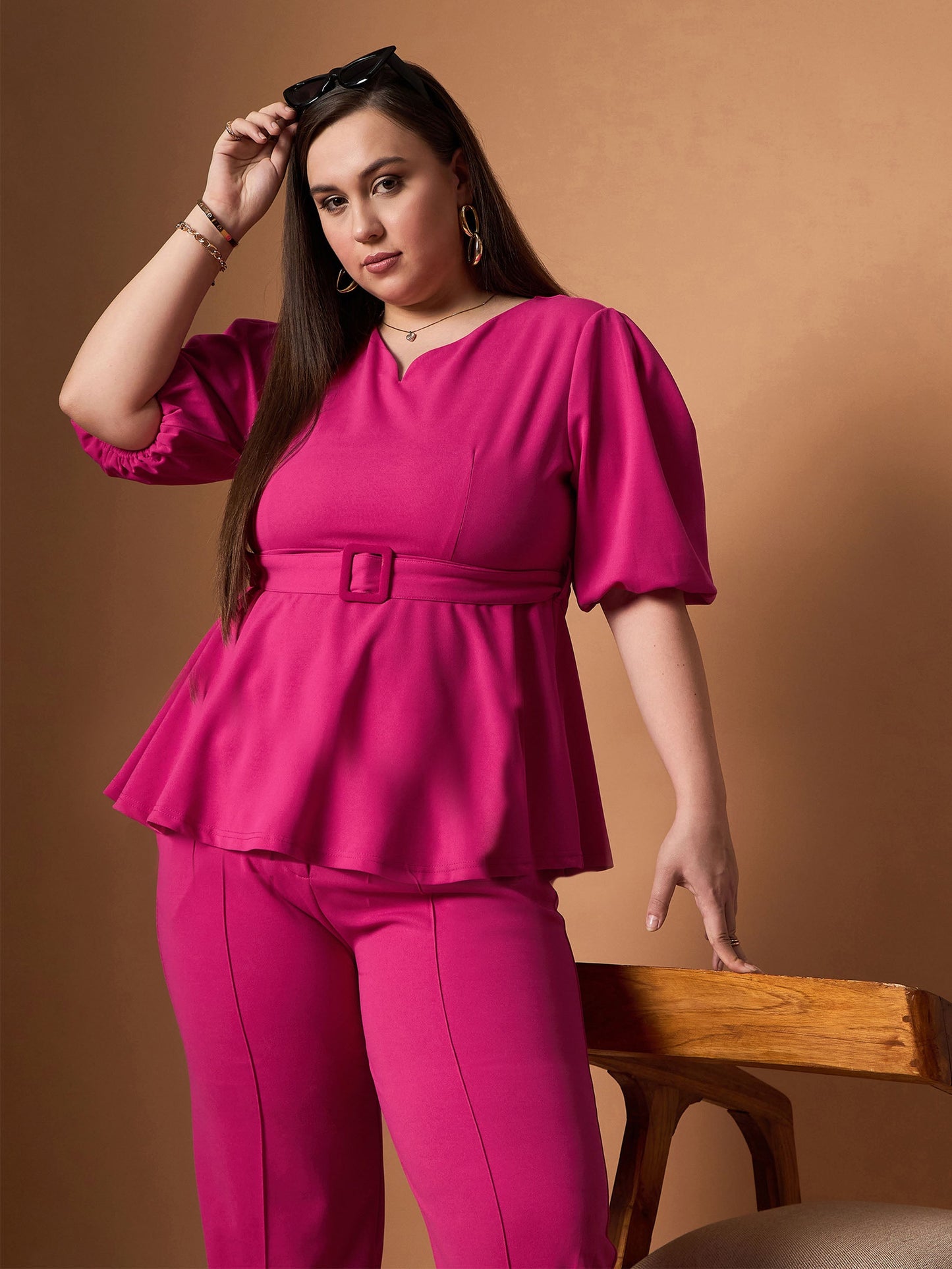 Fuchsia Solid Peplum Top With straight Pants