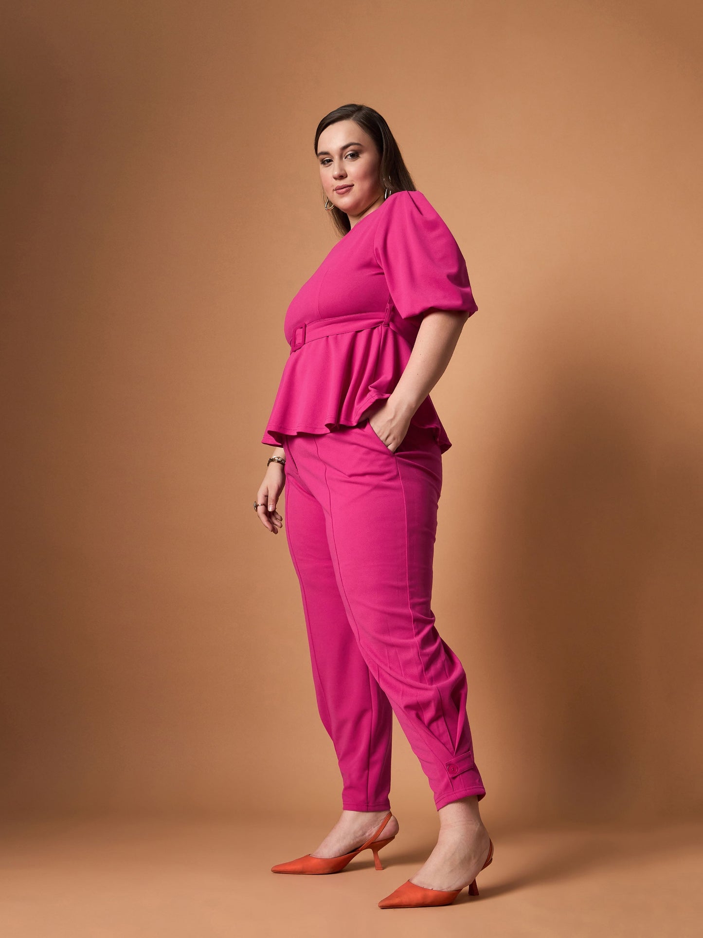 Fuchsia Solid Peplum Top With straight Pants