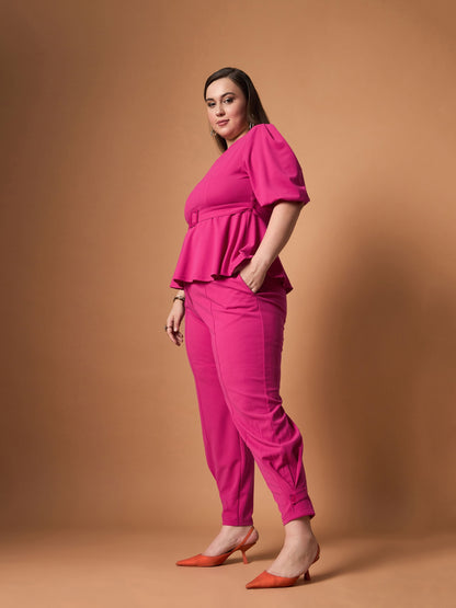 Fuchsia Solid Peplum Top With straight Pants
