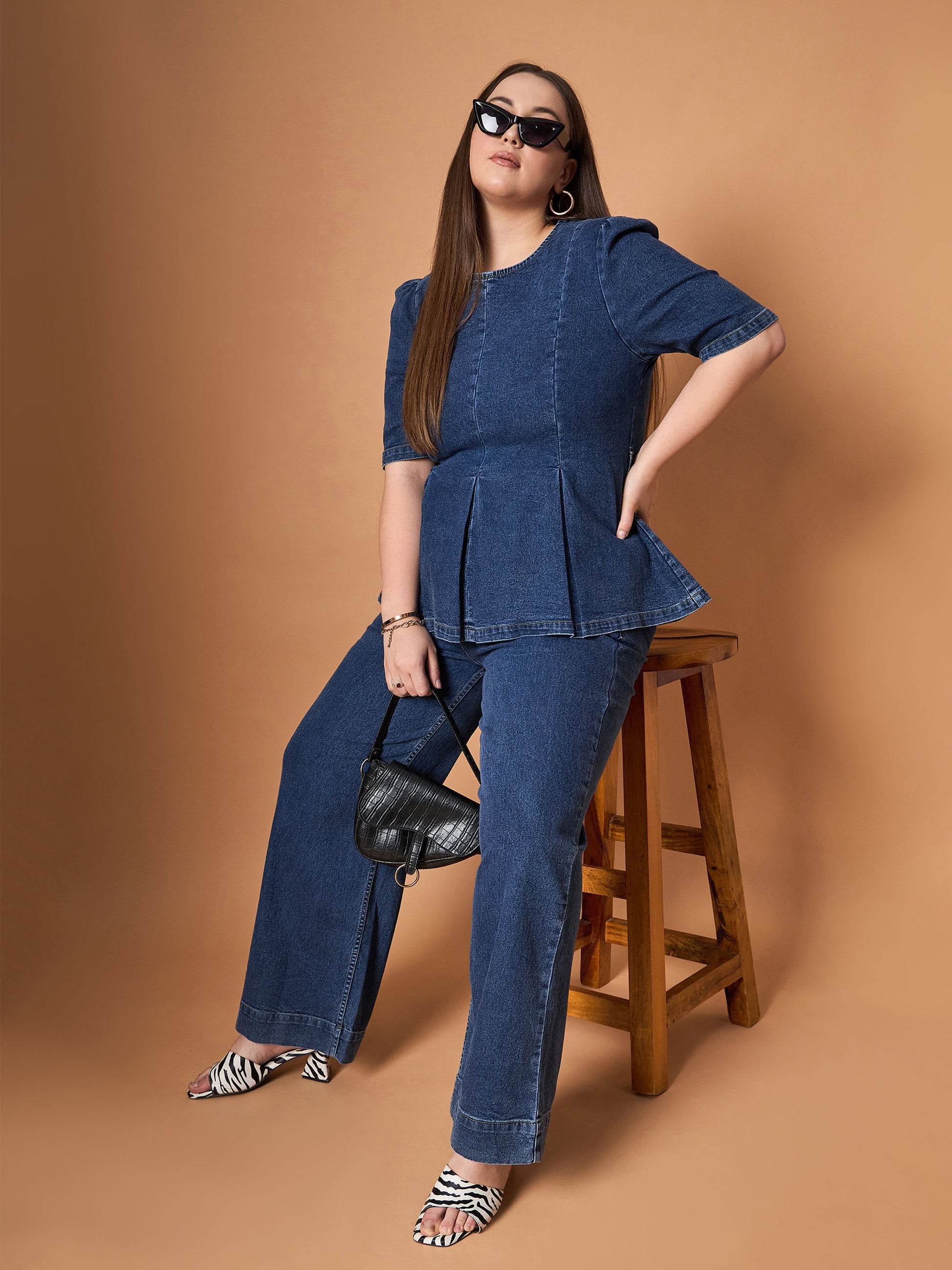 Plus size women's Navy Denim Navy Wash Denim Peplum Top With Straight Pants by Sassafras Curve for wholesale buyers, boutiques, resellers and bulk