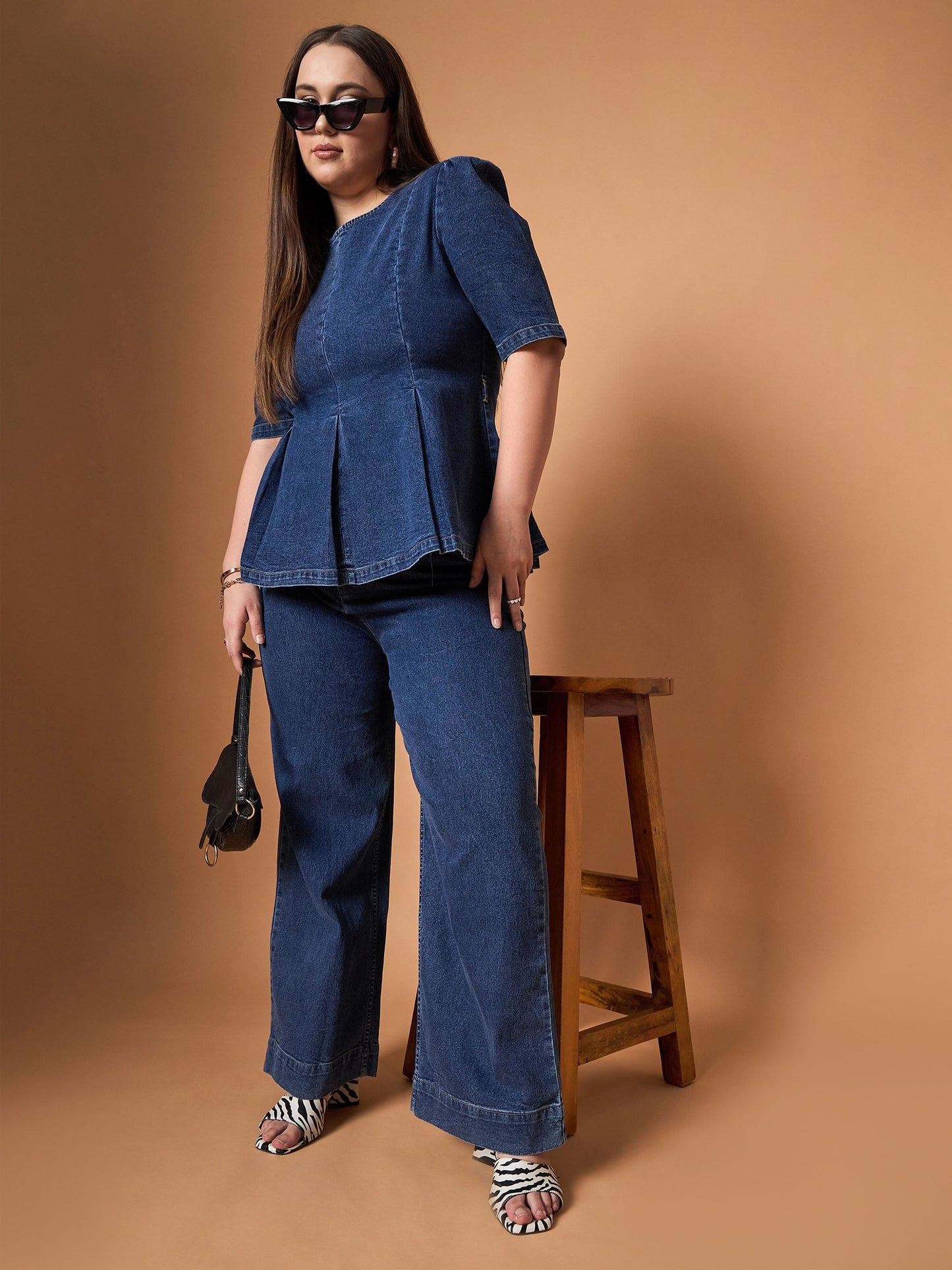 Navy Wash Denim Peplum Top With Straight Pants-SASSAFRAS Curve