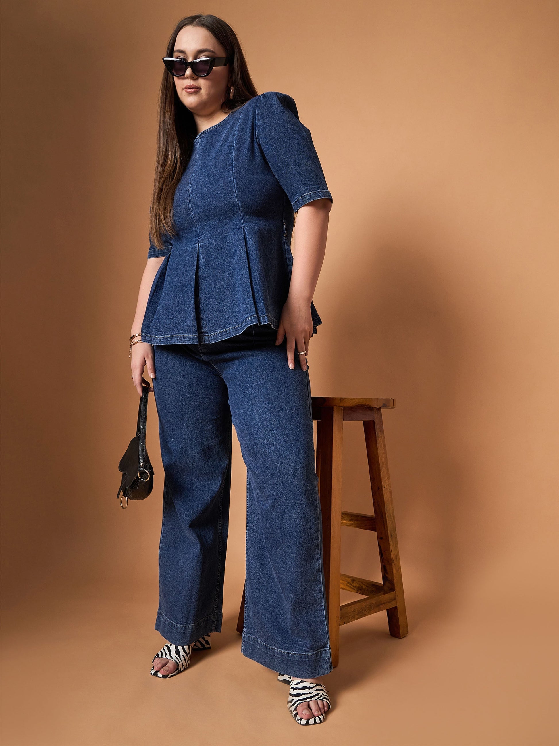 Navy Wash Denim Peplum Top With Straight Pants-SASSAFRAS Curve