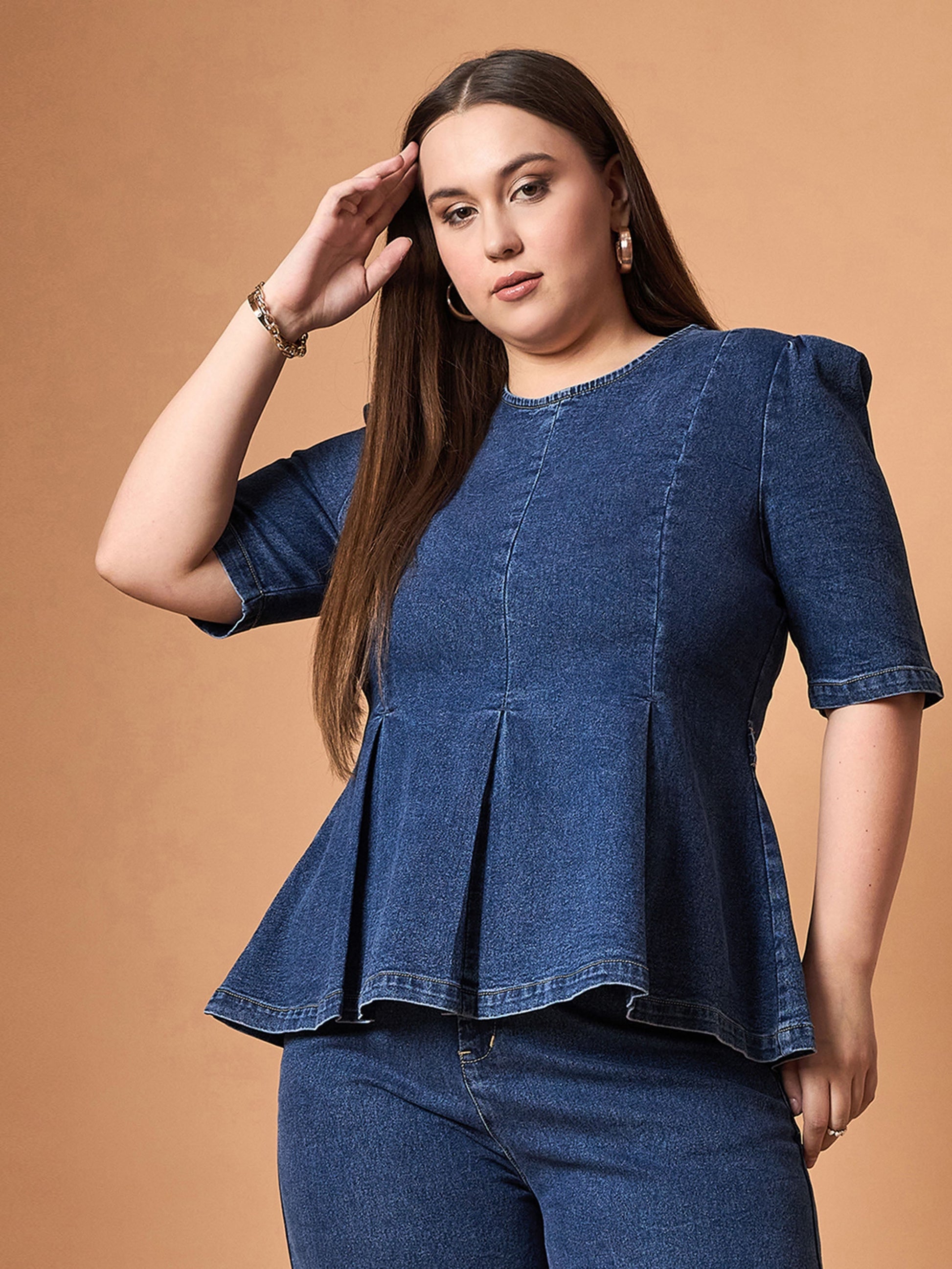 Navy Wash Denim Peplum Top With Straight Pants-SASSAFRAS Curve