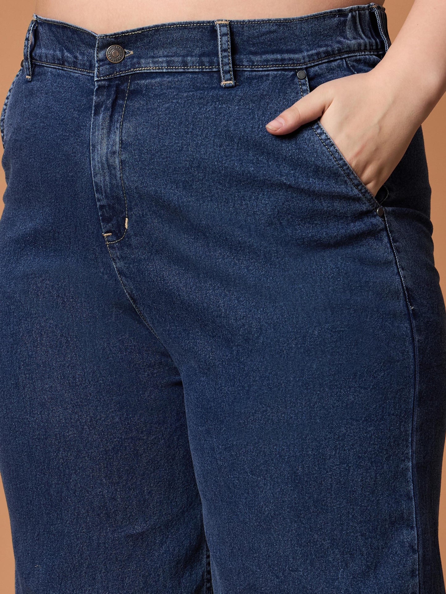 Navy Wash Denim Peplum Top With Straight Pants-SASSAFRAS Curve