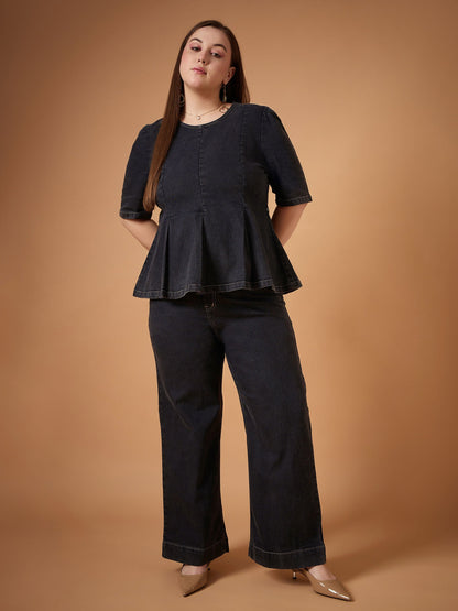 Plus size women's Black Denim Black Wash Denim Peplum Top With Straight Pants by Sassafras Curve for wholesale buyers, boutiques, resellers and bulk