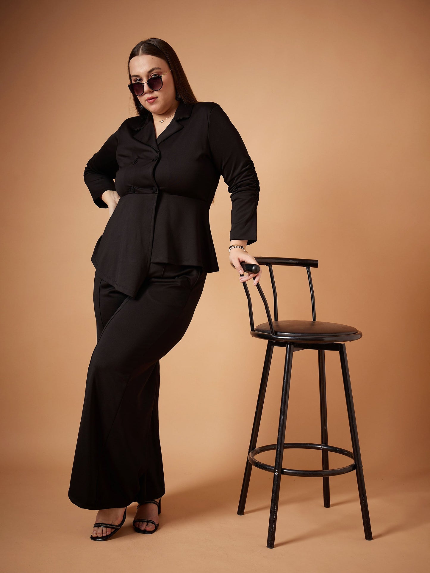 Black Ruched Sleeves Blazer With Straight Pants