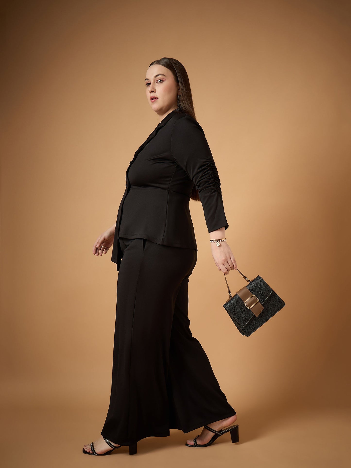 Black Ruched Sleeves Blazer With Straight Pants