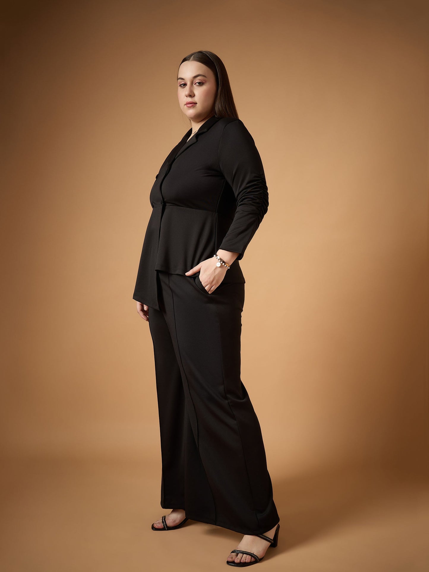 Black Ruched Sleeves Blazer With Straight Pants
