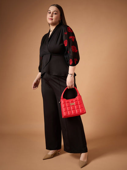 Black Embroidery Sleeves Top with Straight Pants