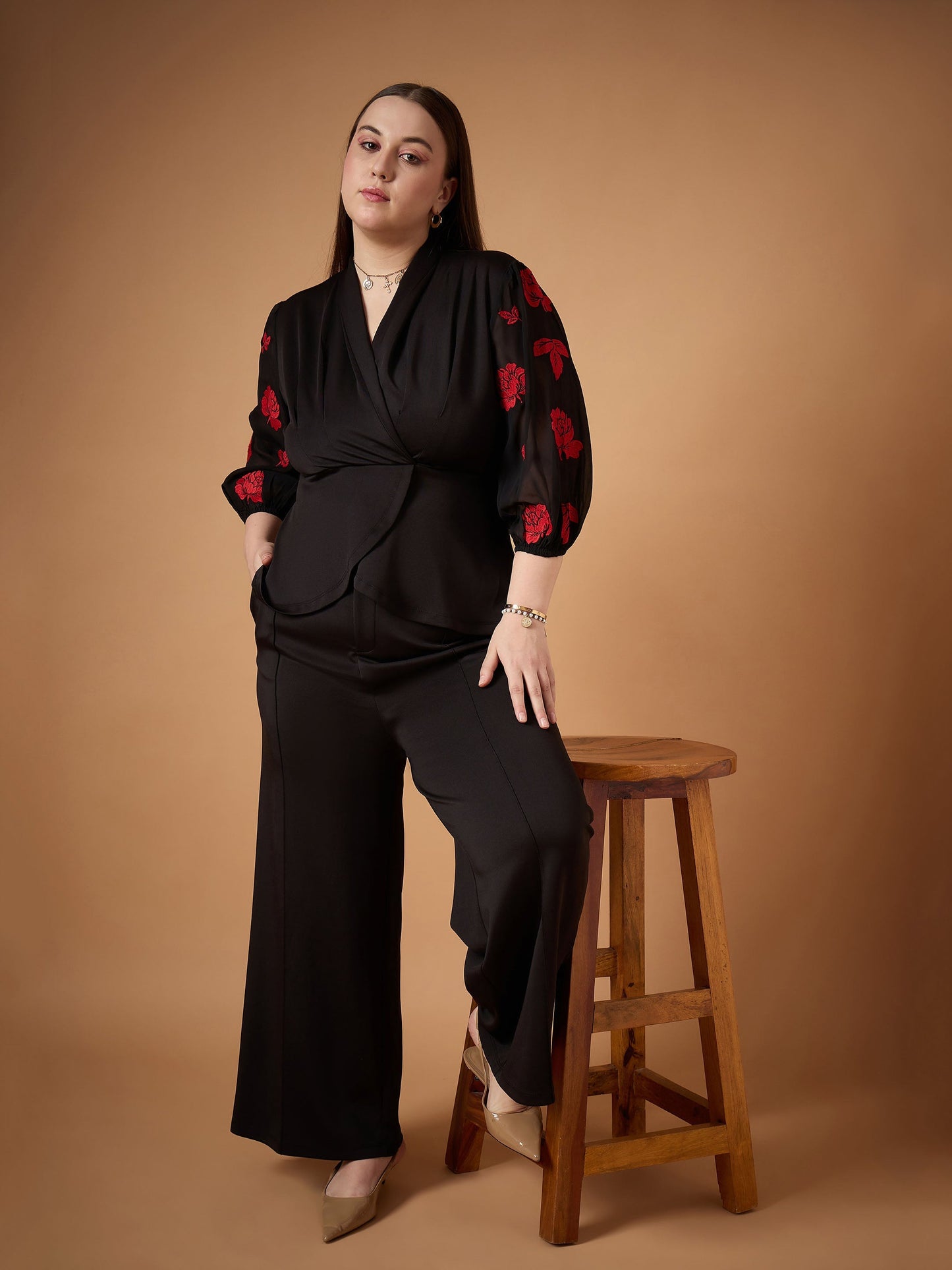Black Embroidery Sleeves Top with Straight Pants