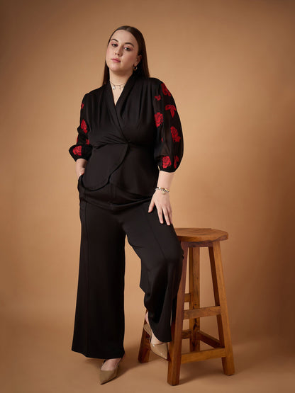Black Embroidery Sleeves Top with Straight Pants