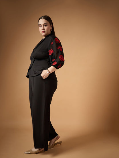 Black Embroidery Sleeves Top with Straight Pants