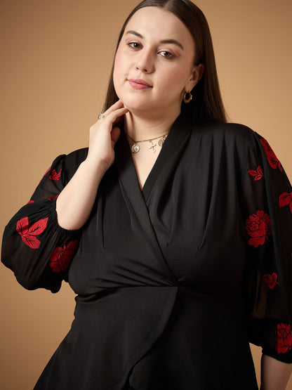 Black Embroidery Sleeves Top with Straight Pants