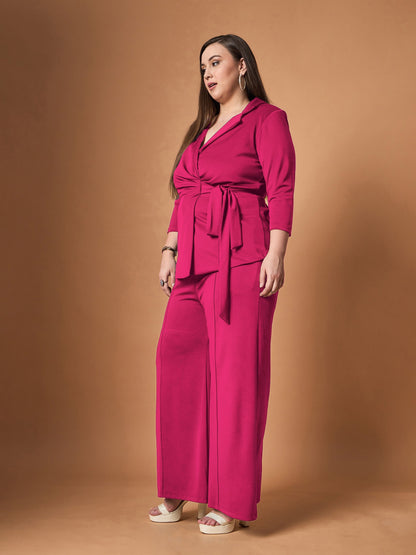 Fuchsia Knotted Wrap Top With Straight Pants-SASSAFRAS Curve