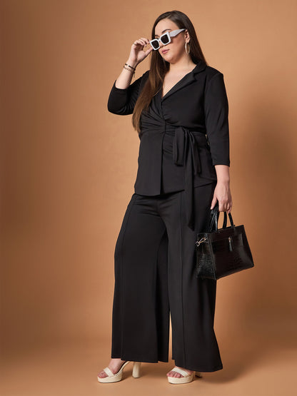 Plus size women's Black Polyester Black Knotted Wrap Top With Straight Pants by Sassafras Curve for wholesale buyers, boutiques, resellers and bulk