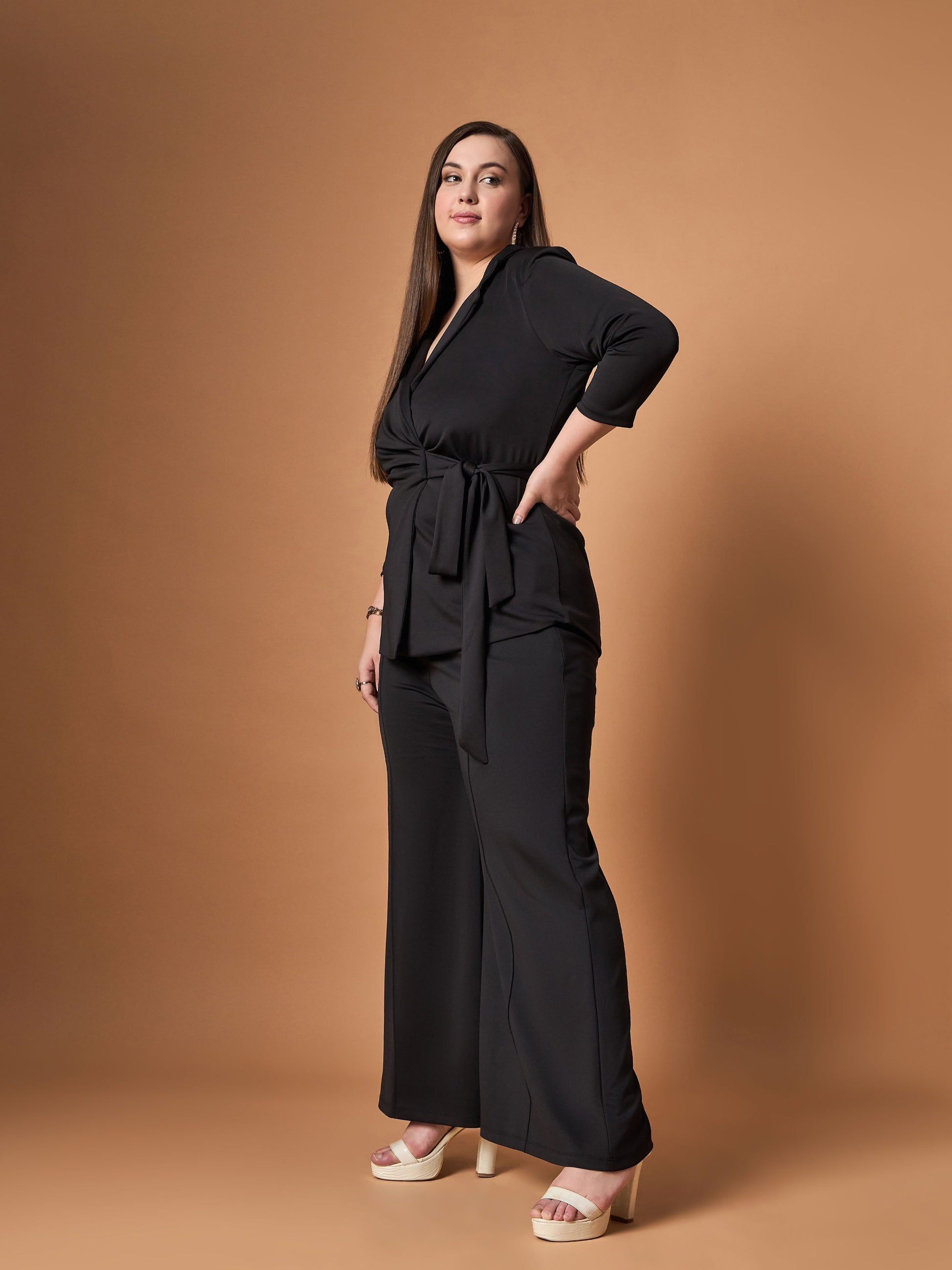 Black Knotted Wrap Top With Straight Pants-SASSAFRAS Curve