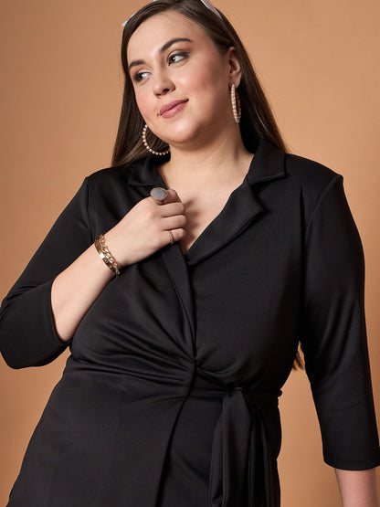 Black Knotted Wrap Top With Straight Pants-SASSAFRAS Curve