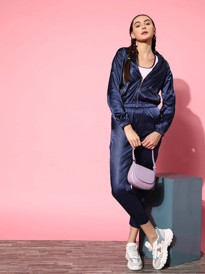 Navy Lycra Satin Bomber Jacket with Joggers