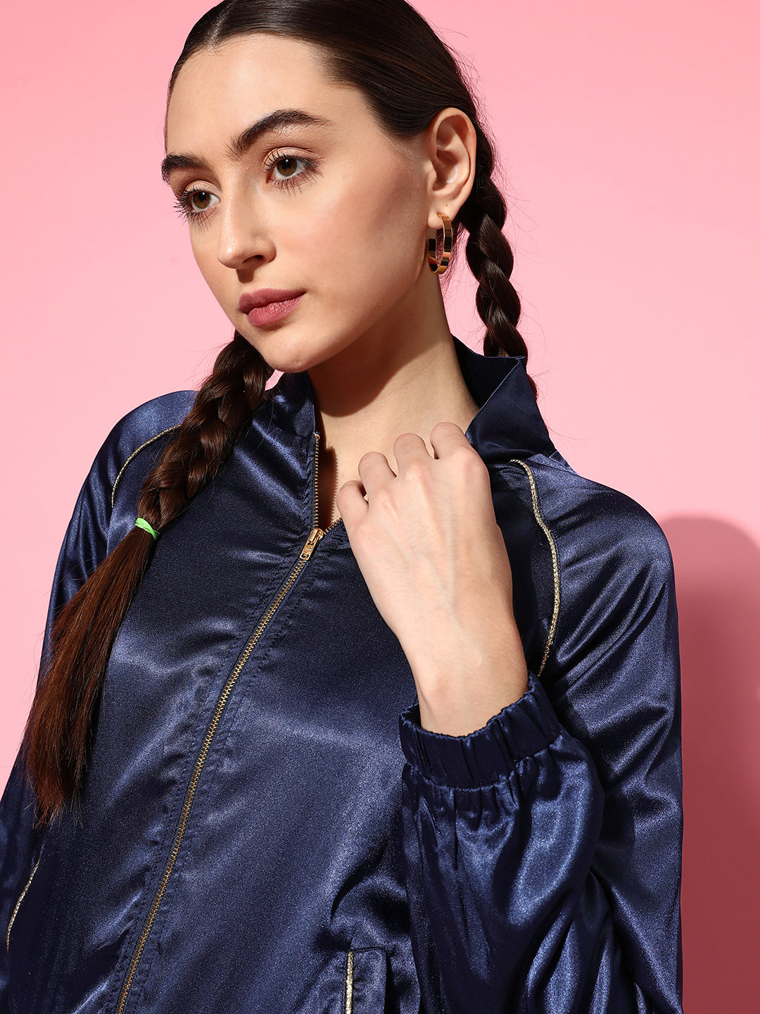 Navy Lycra Satin Bomber Jacket with Joggers