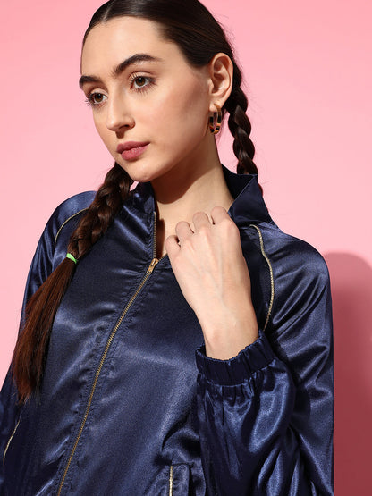 Navy Lycra Satin Bomber Jacket with Joggers
