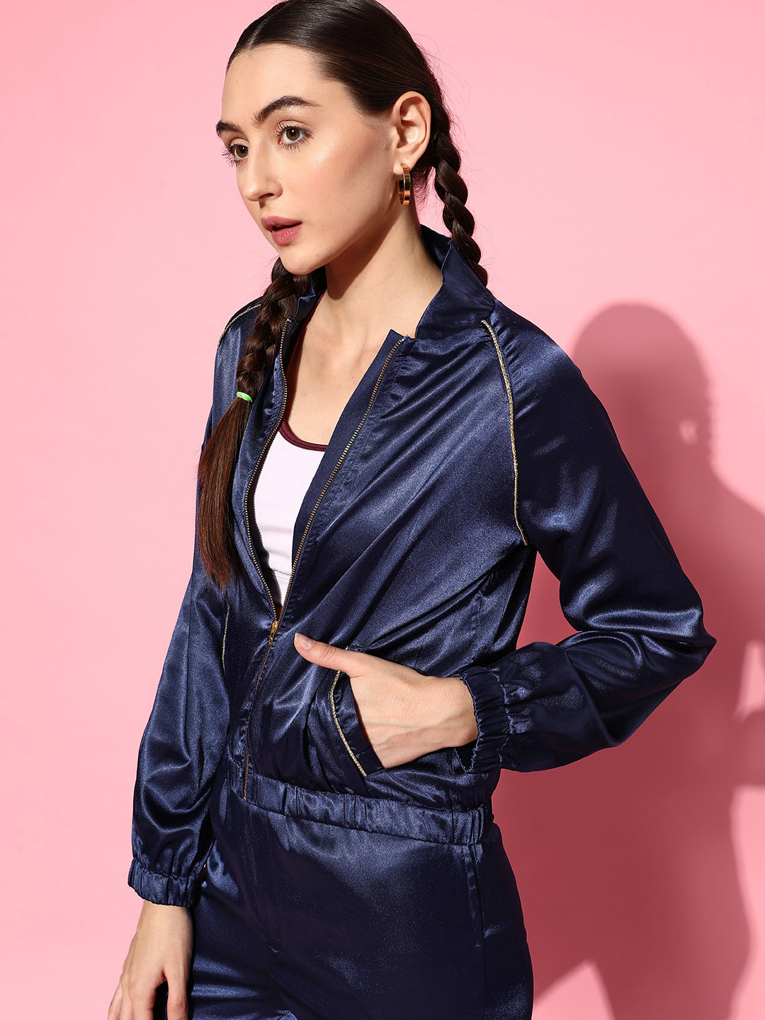 Navy Lycra Satin Bomber Jacket with Joggers