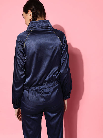 Navy Lycra Satin Bomber Jacket with Joggers