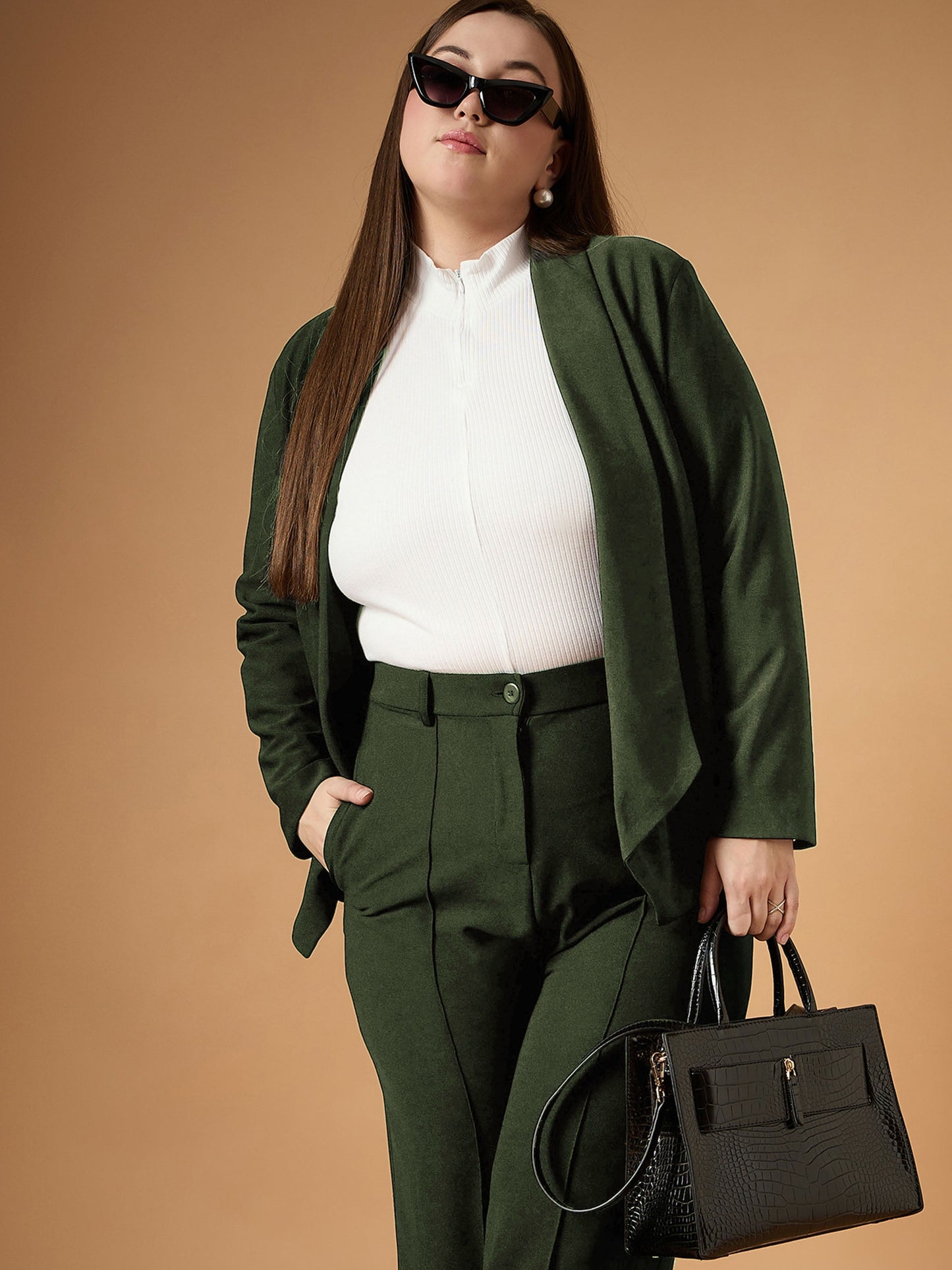 Olive Solid Shawl Collar Blazer With Straight Pants
