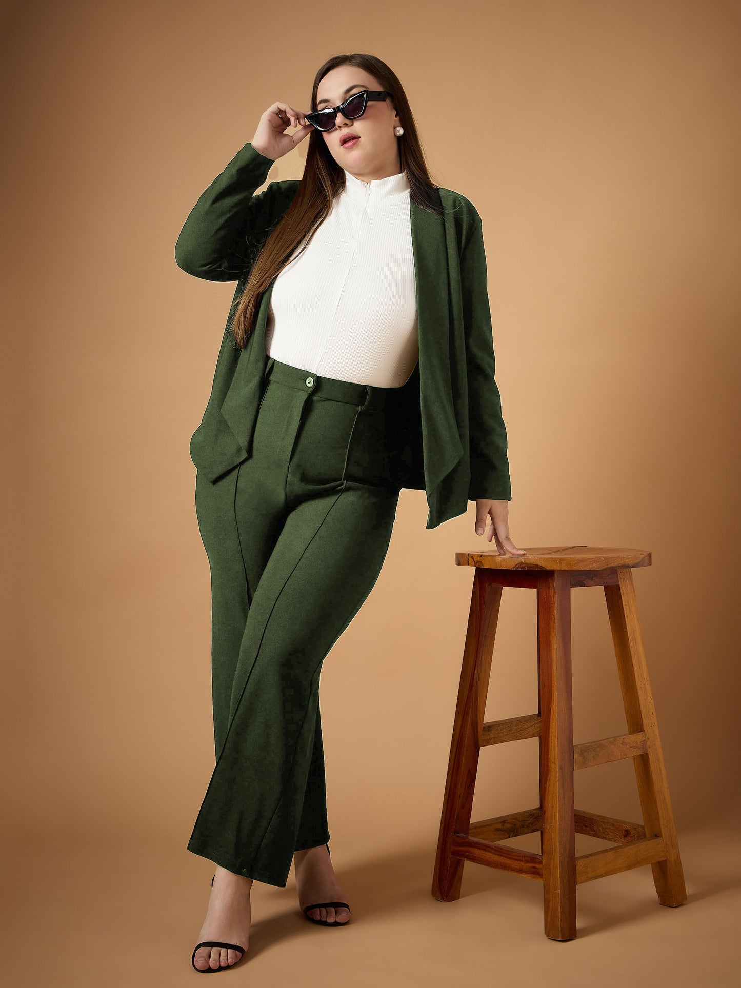 Olive Solid Shawl Collar Blazer With Straight Pants