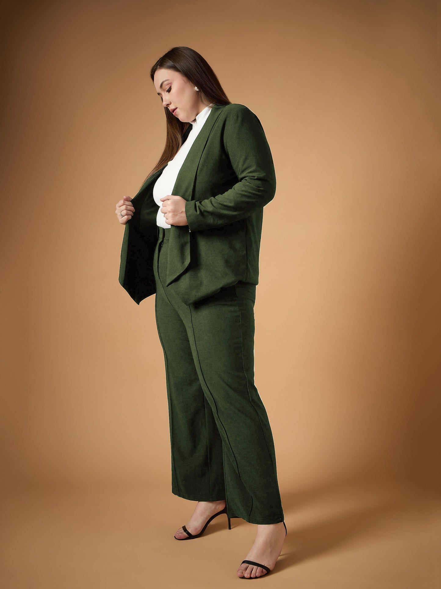 Olive Solid Shawl Collar Blazer With Straight Pants