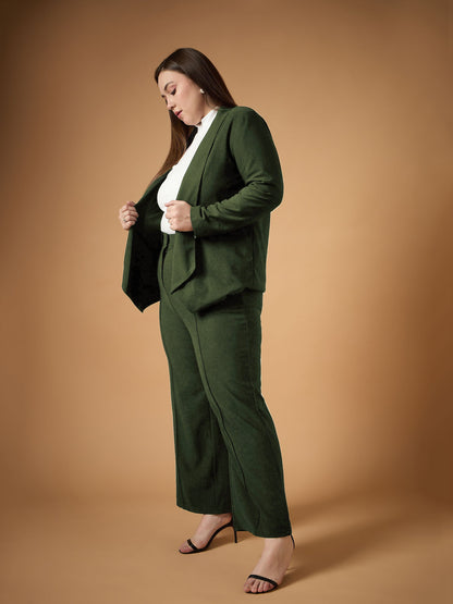 Olive Solid Shawl Collar Blazer With Straight Pants