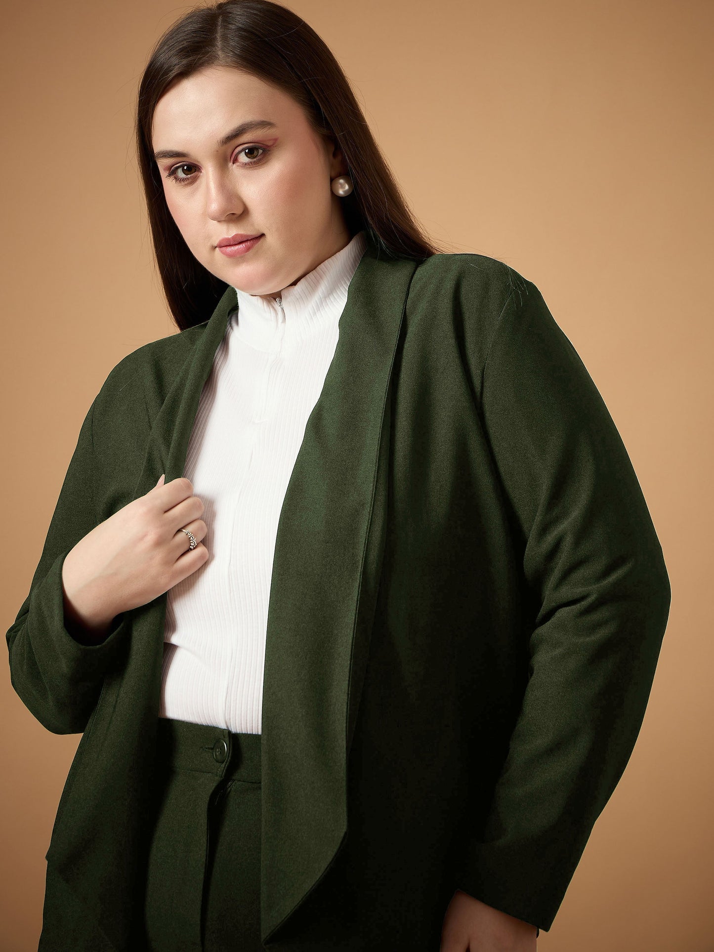 Olive Solid Shawl Collar Blazer With Straight Pants