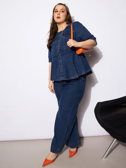 Plus size women's Navy Denim Navy Denim Studded Peplum Top With Jeans by Sassafras Curve for wholesale buyers, boutiques, resellers and bulk orders