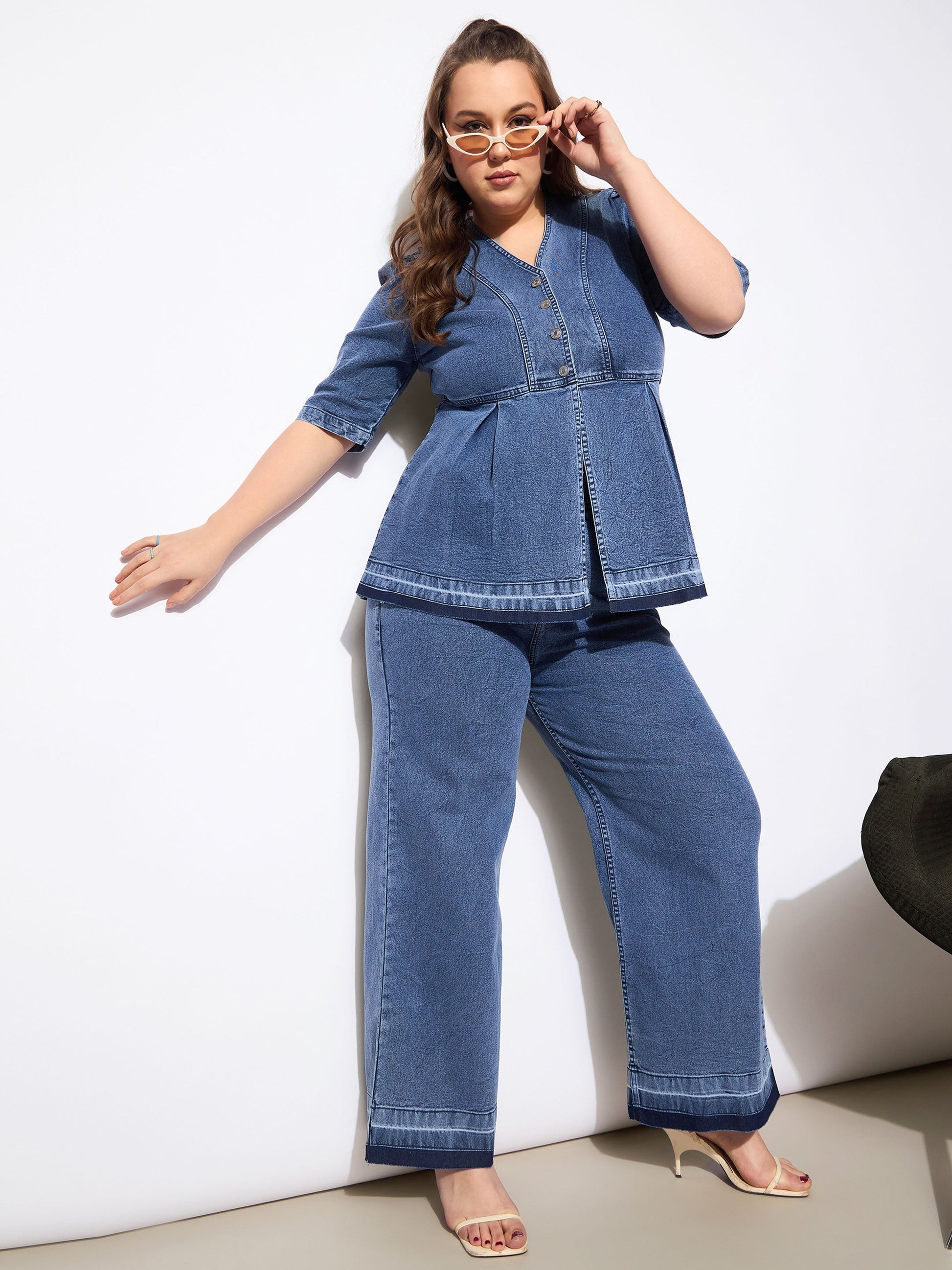 Plus size women's Blue Denim Blue Denim Metal Button Peplum Top With Jeans by Sassafras Curve for wholesale buyers, boutiques, resellers and bulk
