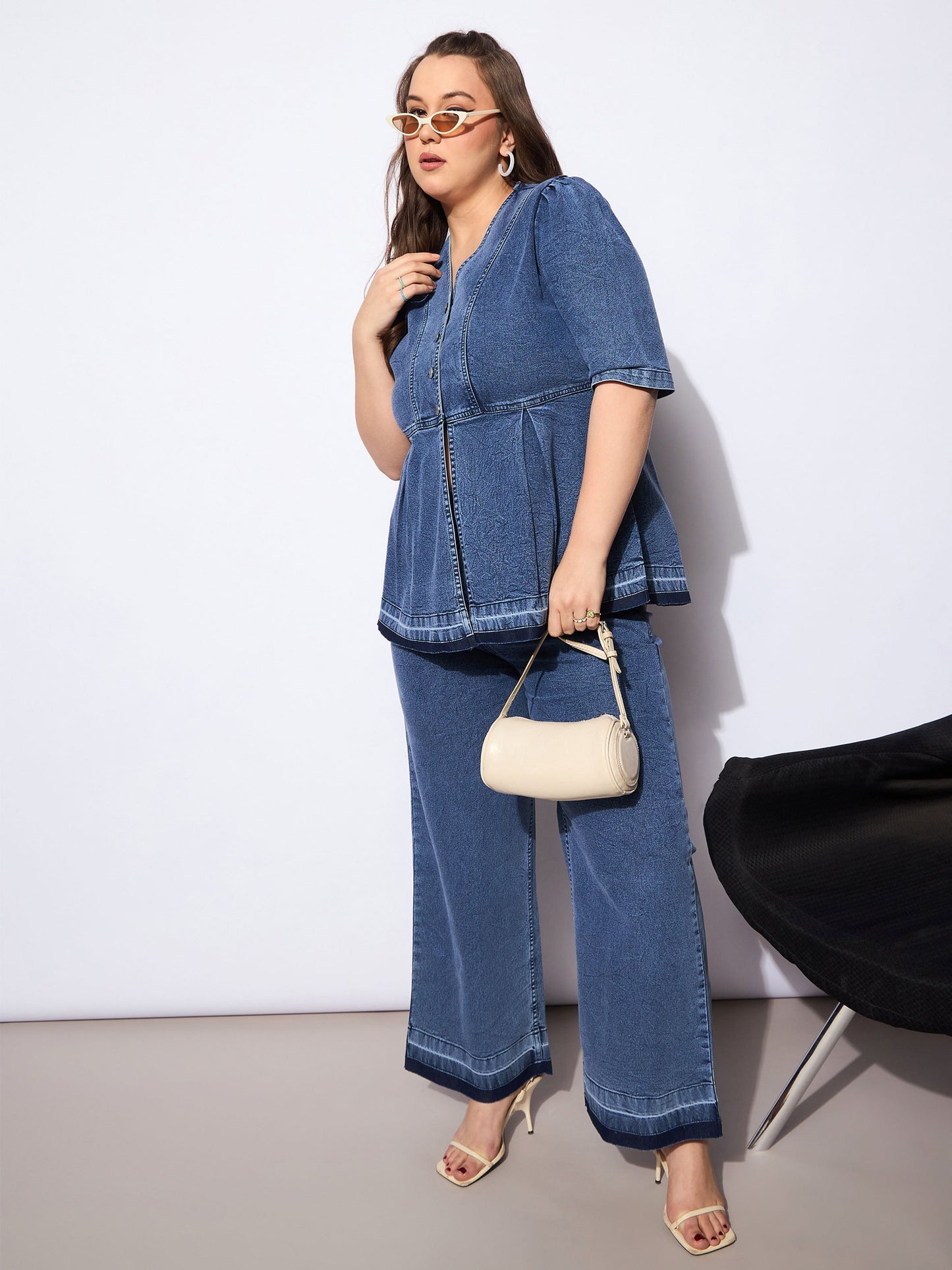 Blue Denim Metal Button Peplum Top With Jeans -SASSAFRAS Curve