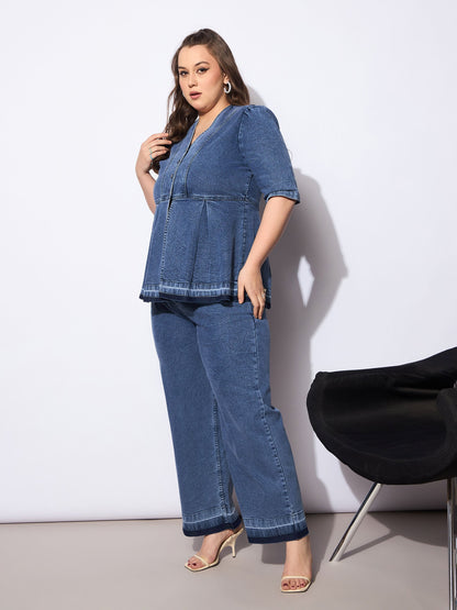 Blue Denim Metal Button Peplum Top With Jeans -SASSAFRAS Curve