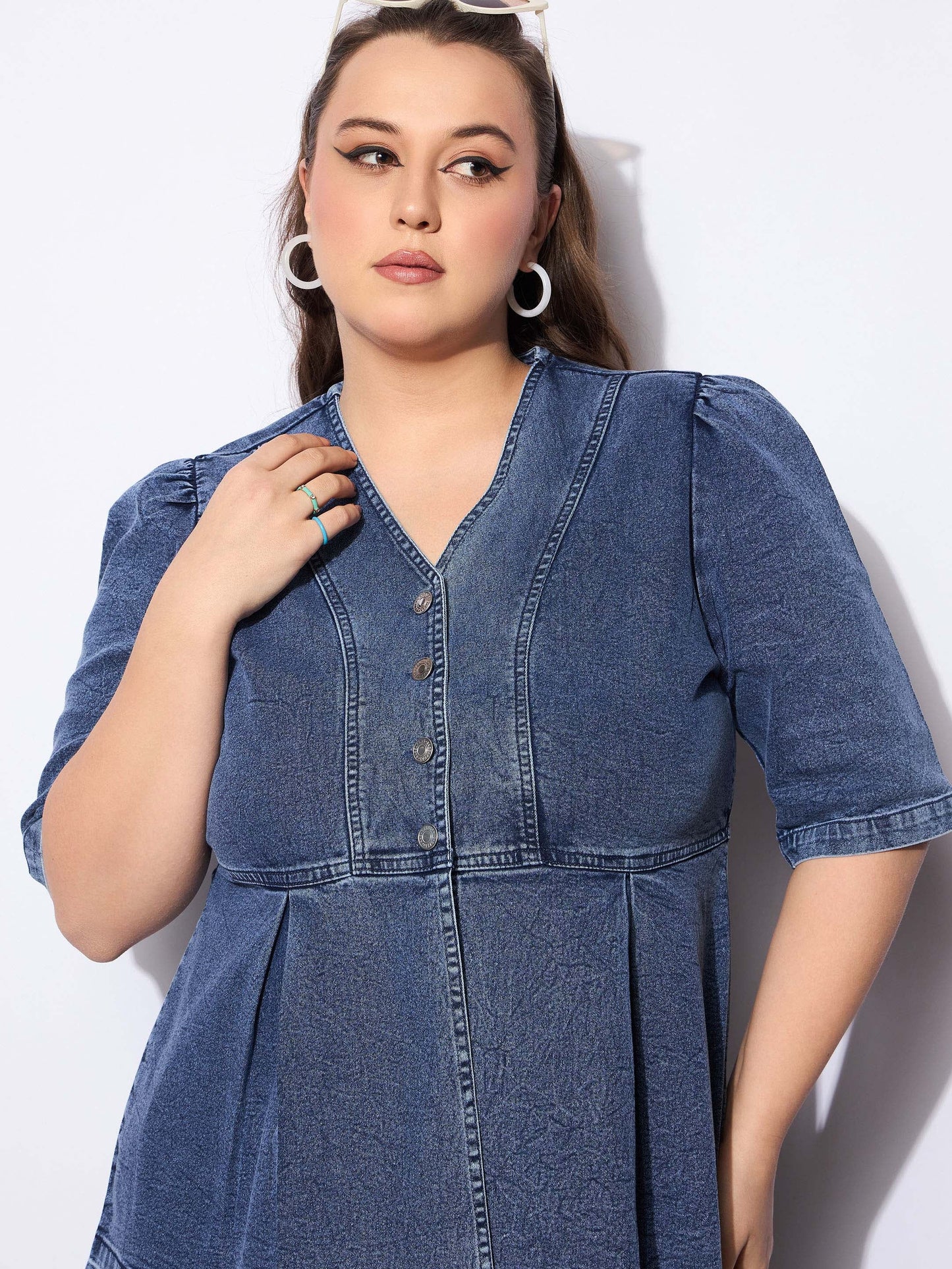 Blue Denim Metal Button Peplum Top With Jeans -SASSAFRAS Curve