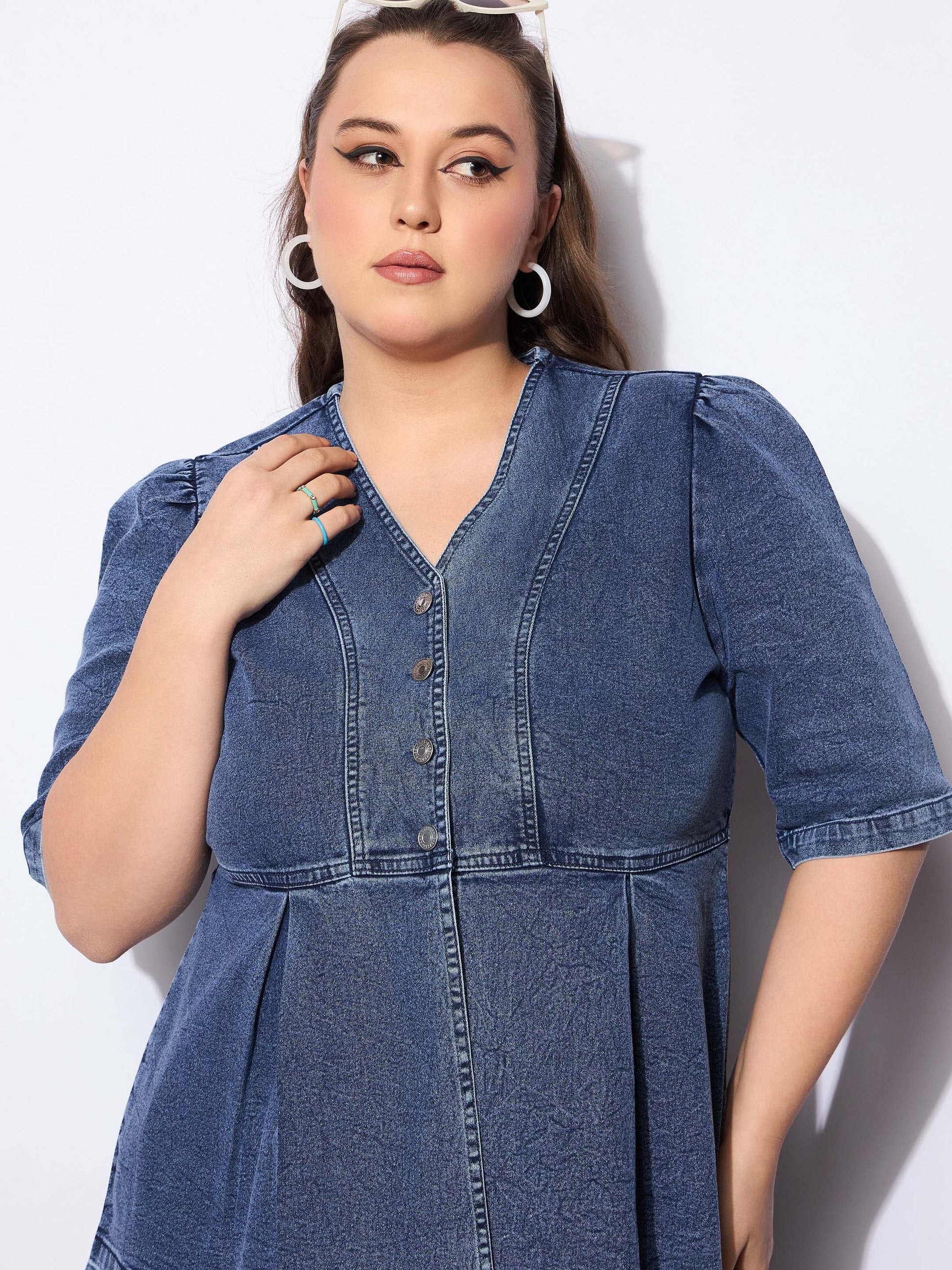 Blue Denim Metal Button Peplum Top With Jeans -SASSAFRAS Curve