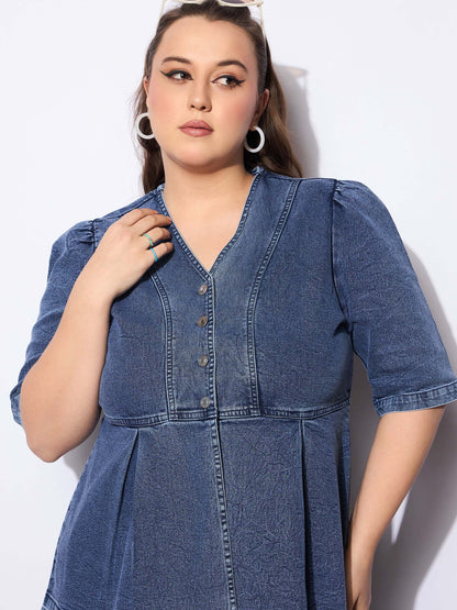 Blue Denim Metal Button Peplum Top With Jeans -SASSAFRAS Curve