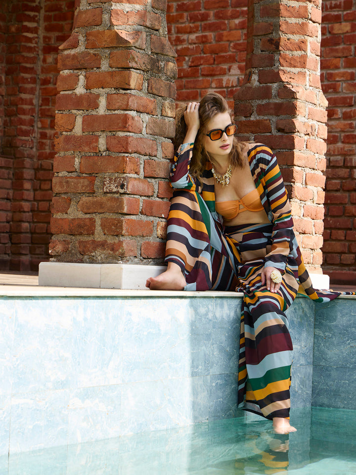 Women Yellow Multicolor Stripes Top With Flared Pants